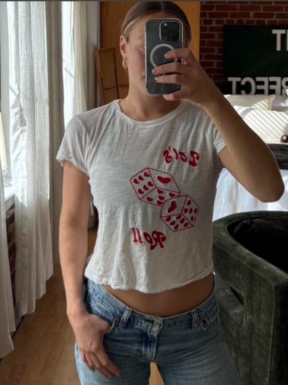 Free People White Crop Tee with Red Dice Graphic